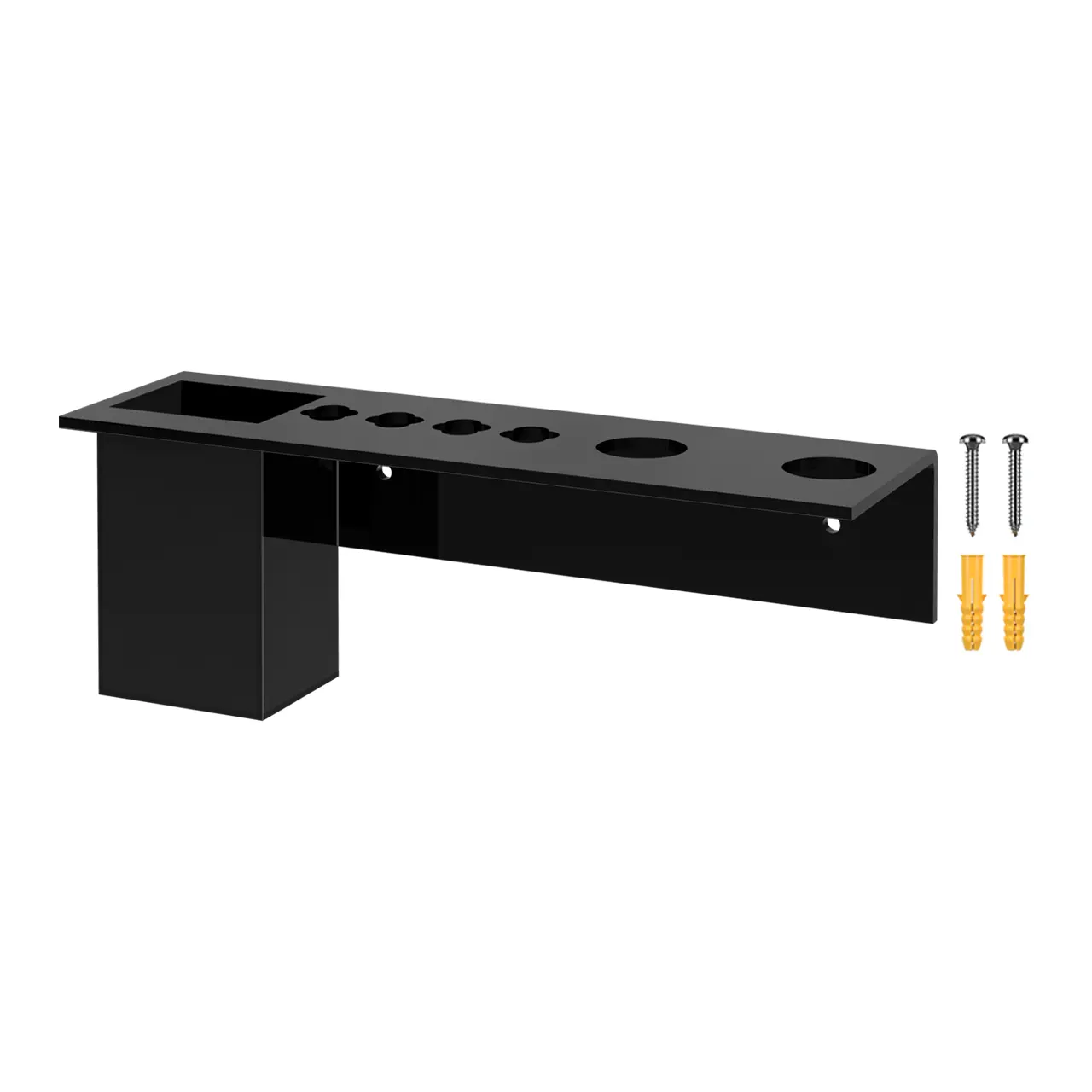 Black Acrylic Brush Organizer Hanging Display 6 Holes with Brush Box and 2 Brush Holes Wall Mount Hangable Rack with Hanging Hardware for Professional Dog Groomers Stylists and Barbers by 321 Plastics