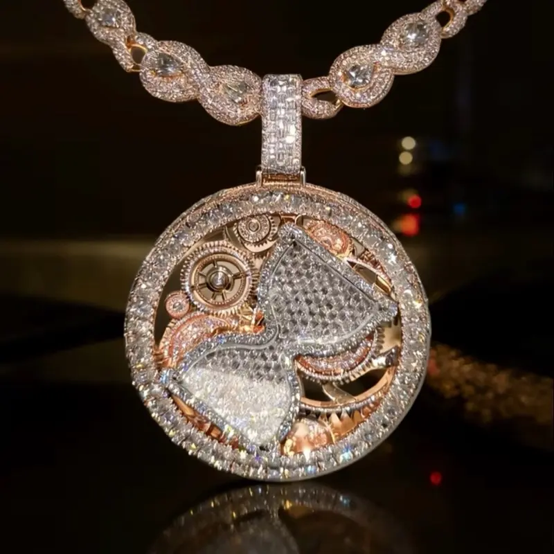 925 Sterling Silver Hip-Hop Pendant Necklace for Men - Large Fully Iced Out Hourglass Design with Rose Gold Coating, Ideal for Hip-Hop Purists, Hip-Hop Purist