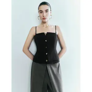 URBAN REVIVO 2026 Spring Women's Fitted Sleeveless Structured Corset Bustier Top - Minimalist Basic Style, Comfortable Polyester Fabric, Square Cut Collar, Button-Front Camisole