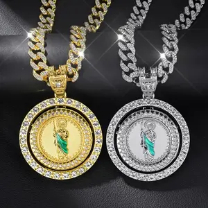 Shining Religious Rotating San Judas Tadeo Pendant with Ice Cuban Chain, Hip Hop unisex Jewelry, Suitable for All Occasions and Holidays, Comes with A Boutique Gift Box.