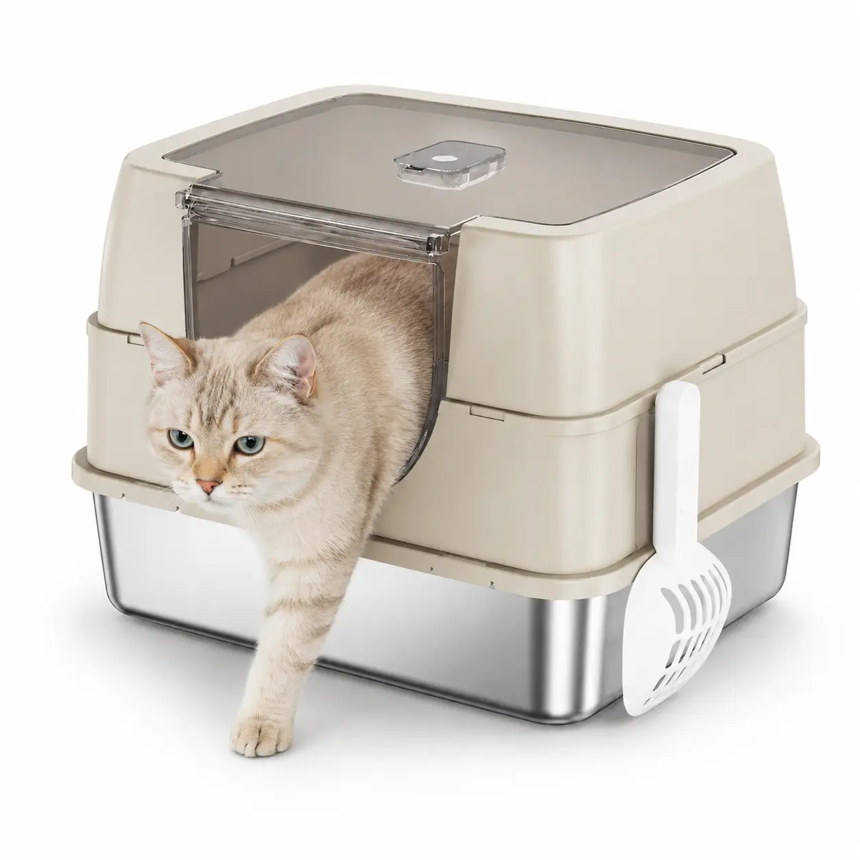 Stainless Steel Covered Litter Box for Cats Up to 25 lbs, Odor Control Cat Litter Box with Flip-Top Lid, Antibacterial Non-Stick Design, Modular Enclosed Litter Box for Small & Medium Cats