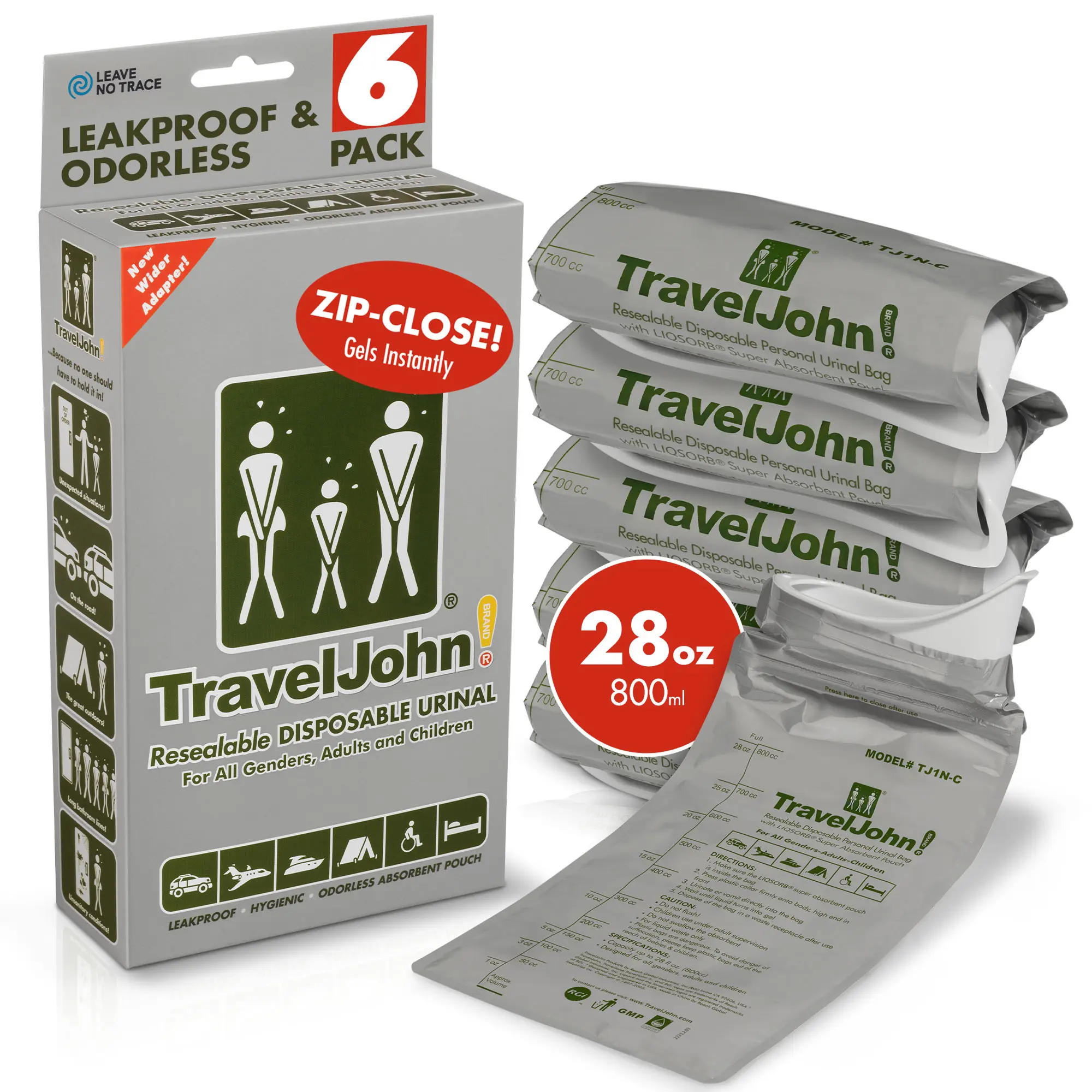 TravelJohn Resealable Disposable Urinal for All Genders, Adults, and Children (6/18 Pack) Designed for Emergencies, Travel, Camping, Long Car Rides and more - 28oz/800ml capacity (TJ1N-C)