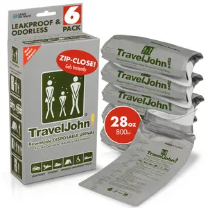 TravelJohn Resealable Disposable Urinal for All Genders, Adults, and Children (6/18 Pack) Designed for Emergencies, Travel, Camping, Long Car Rides and more - 28oz/800ml capacity (TJ1N-C)