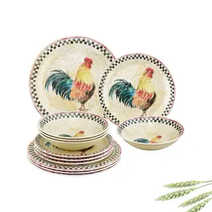 12-Piece Melamine Dinnerware Set Service for 4 Sunflower Design Stackable Durable BPA-Free Easy to Clean Plates Bowls