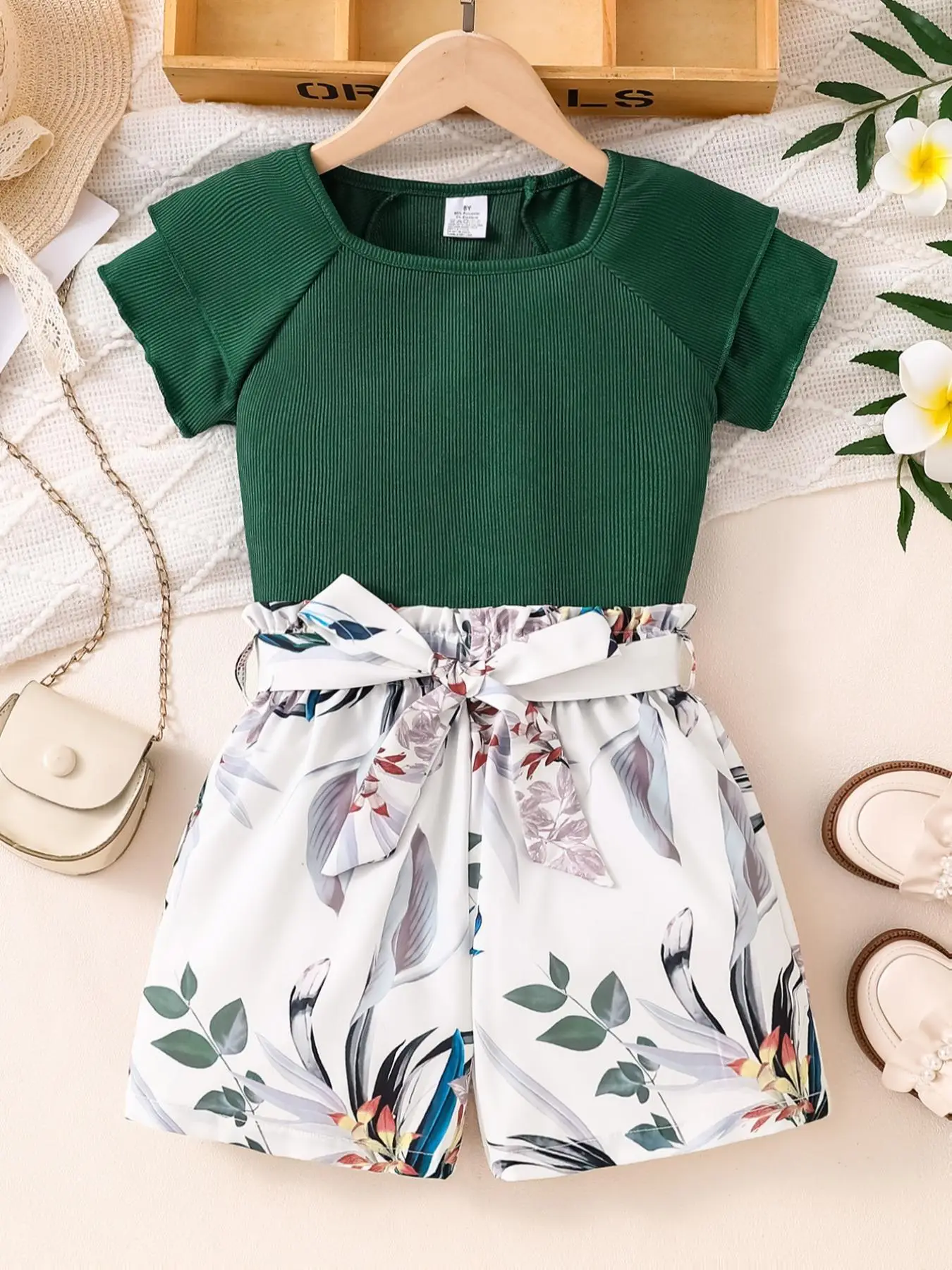 Girl's Plain Top & Belted Shorts Two-piece Set, Casual Shorts Sleeve Top & Shorts for Daily Wear, Kids Summer Outfit Clothes