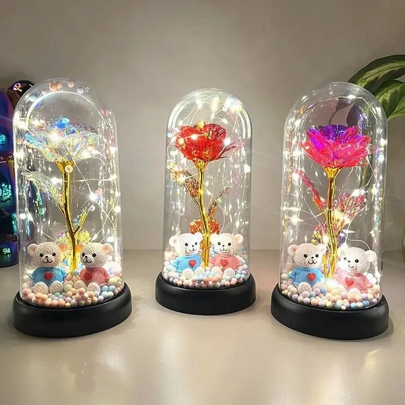 2026 Glowing Galaxy Rose with LED Light Eternal Double Rose Valentine's Day Gift Wedding Artificial Flower Home Desktop Decoration