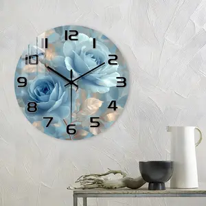 Acrylic Decorative Wall Clock, Light Blue Rose Pattern, Floral Theme, Silent Mechanism, Ideal for Living Room, Bedroom, Romantic Decor, Battery Operated