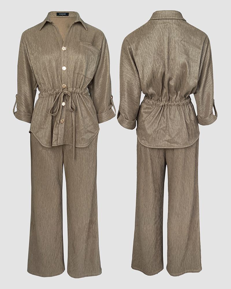 ChicMe Women's 2 Pieces Outfit Vintage Turn-down Collar Roll Up Sleeve Button Front Flap Pocket Design Waist Drawstring Top and Elastic Waist Wide Leg Pants Set Casual Textured Commuting Set/Vintage Button Front Commuting Set ChicMe Women's 2 Pieces Outfit Vintage Turn-down Collar Roll Up Sleeve Button Front Flap Pocket Design Waist Drawstring Top and Elastic Waist Wide Leg Pants Set Casual Textured Commuting Set/Vintage Button Front Commuting Set