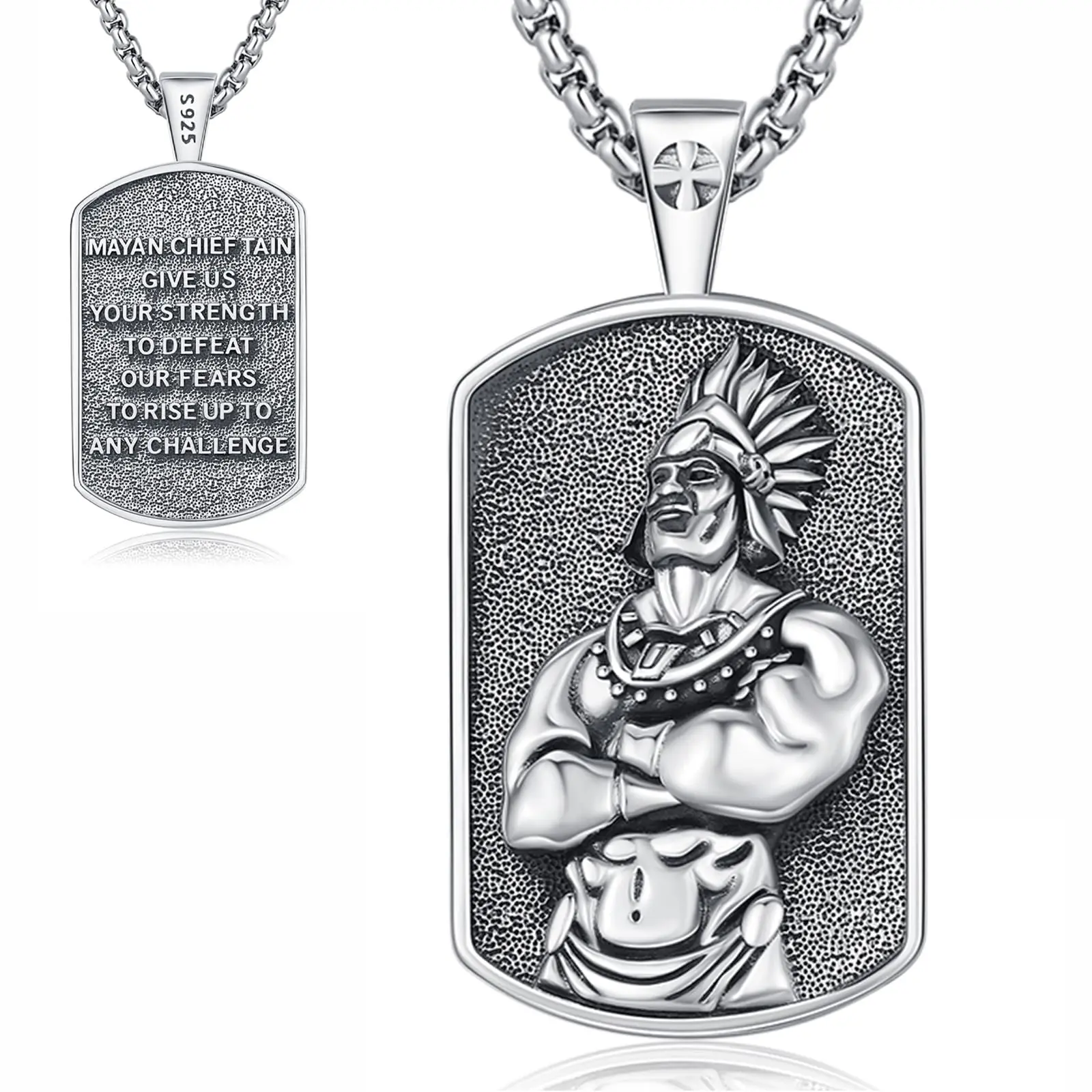 DRINSPER Men's Mayan Tribal Chief 925 Sterling Silver Pendant, Retro Vintage Protection Amulet, Non Tarnish Necklace with Engraving for Long-Term Wear, Jewellery Pendant, Daily Wear, Engraved Back, Pendants Jewelry