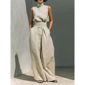 Women's Minimalist Fitted 2026 Summer New Arrival European-Style Cotton-Linen Sleeveless Top & Casual Trousers 2 Piece Sets, Matching Sets for Women, Ideal for Lounging, Vacations, Everyday Wear, Great Holiday Gift
