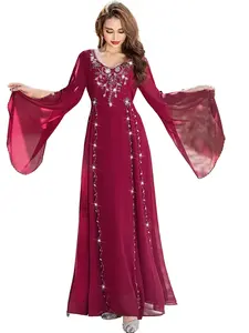 Women's Islamic Luxury Handmade Embroidered Chiffon Flared Long-Sleeve Abaya Dress, Classy Modest Maxi Gown for Wedding, Party | Fashion Style Modest Wear qatar