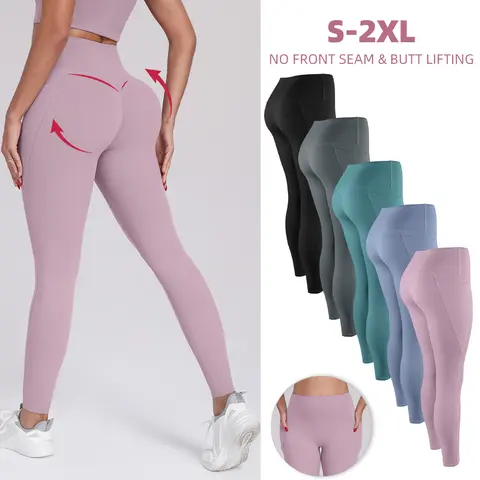 【LOCAL SHIPPING】1/3/5-PACK NO FRONT SEAM & BUTT LIFTING LEGGINGS with Pockets S-2XL - Women's High Waist Tummy Control Leegings with 1'' Elastic Waistband Yoga Wear Fitness Yoga Gym Activewear