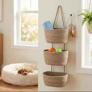 Over The Door Hanging Basket 3-Tier Woven Boho Wall Mounted Storage Organizer with Hooks for Bedroom Nursery Bathroom Apartments Dorm Pantry Decor, Jute