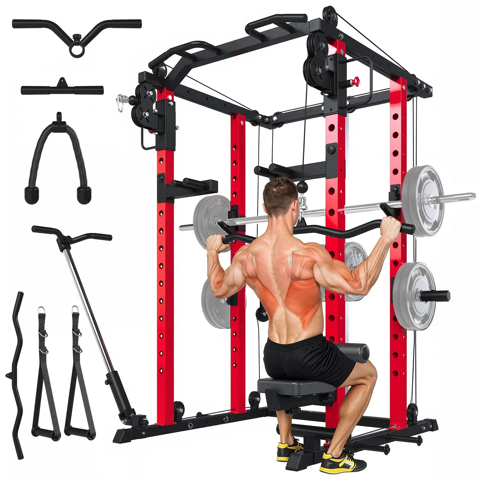 【2 package shipping】YODOLLA Power Squat Rack Cage, 2000lbs Weight Cable Machine with LAT Pulldown for Home Gym, All in One Strength Training Power Cages with Pulley Workout System, Garage Bench Press & Squat Rack Gym Equipment