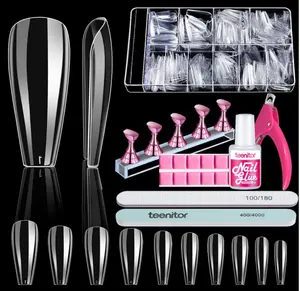 Teenitor 600 Pcs Clear Coffin Nail Tips, Acrylic Nail Kit, Clear Press On Nails, Long Fake Nails Coffin Nail Tips Full Cover, Acrylic Nail Clipper Nail Stand for Nail Extensions