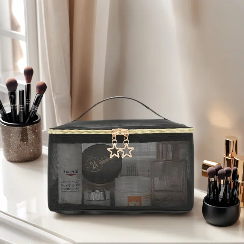 Versatile Hanging Toiletry Bag Double-Layer Carrying Case Alphabet Style Makeup Bag Black Floral Makeup Bag Portable Cosmetic Bag for