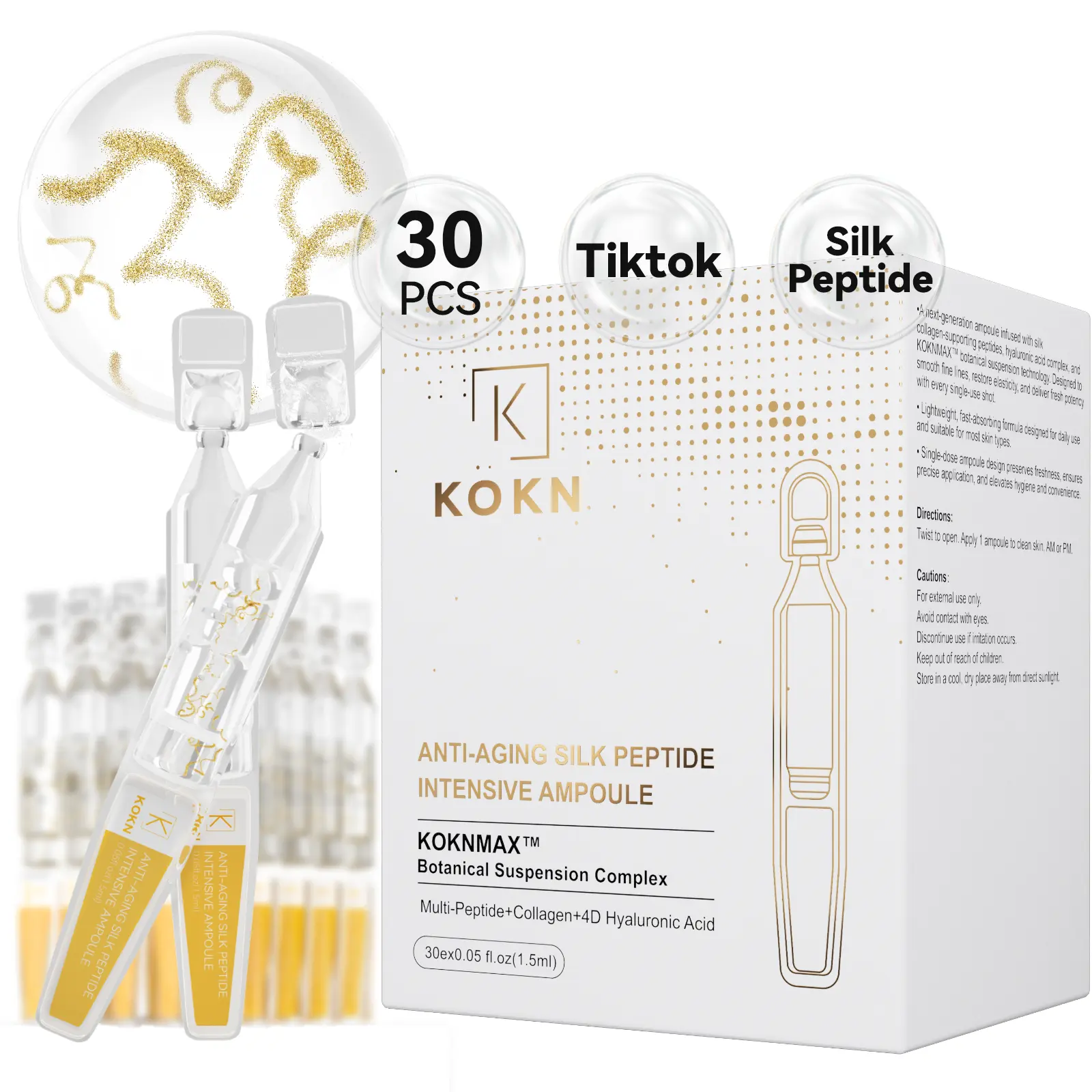 KOKN Silk Peptide Intensive Lifting Ampoule, Anti-Aging Hydrating Serum, KOKNMAX Complex, Multi Peptide, Collagen, 4D Hyaluronic Acid Serum for Wrinkles and Fine Lines & Radiance 0.05 fl.oz x 30e