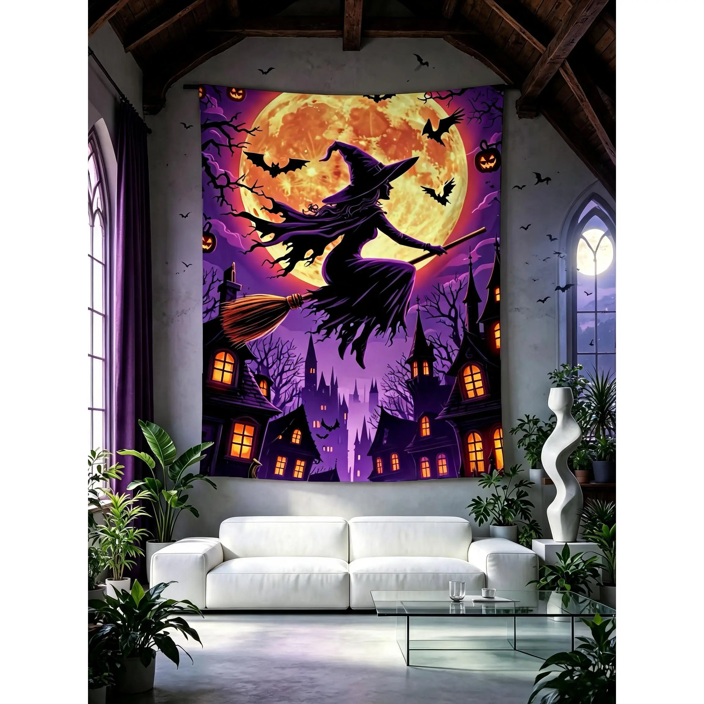 Halloween Witch Flying On Broom Tapestry, Full Moon Haunted Castle Bat Wall Art Backdrop