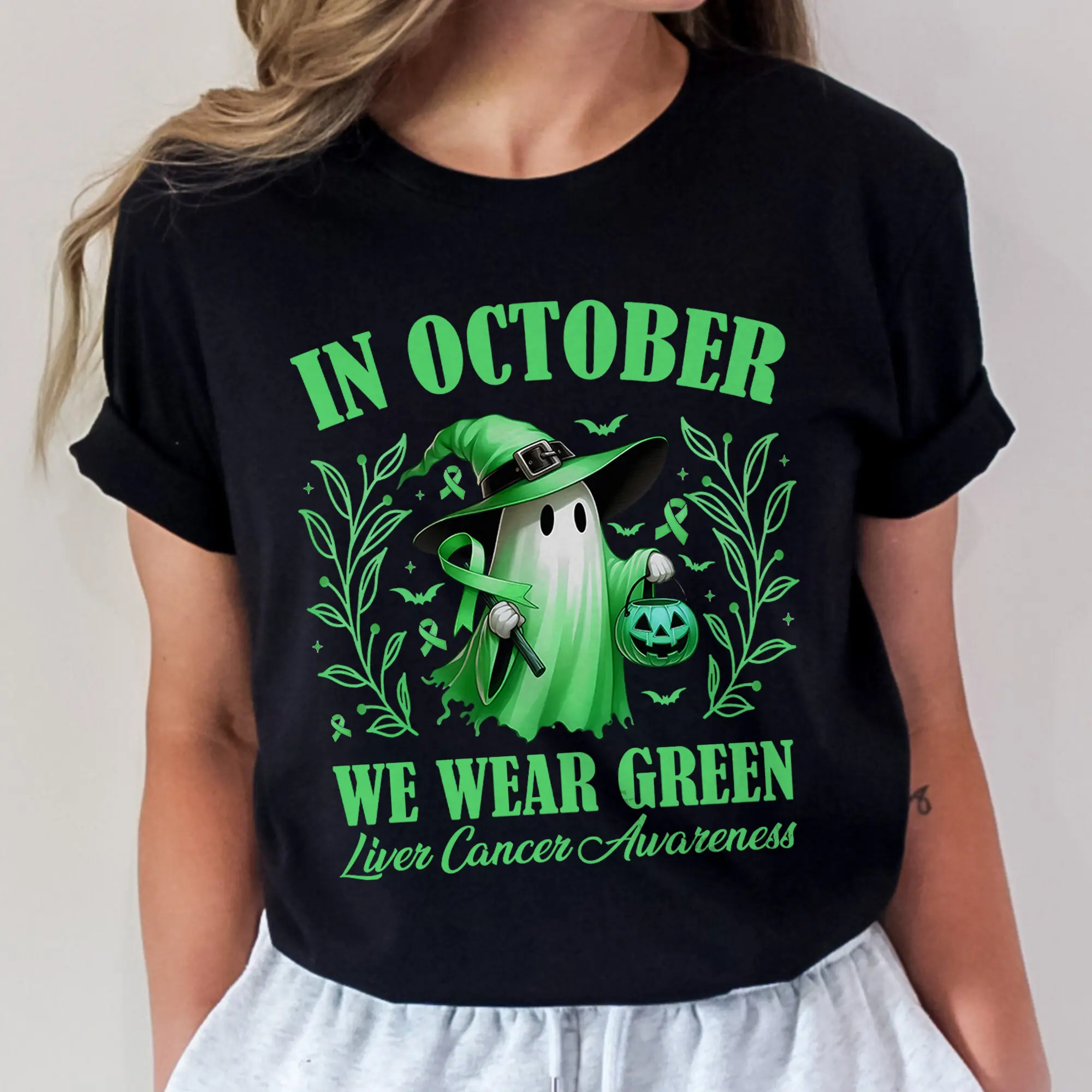 Liver Cancer Awareness T-Shirt – In October We Wear Green – Liver Cancer Support Tee – Unisex Comfort Fit Shirt for Men and Women