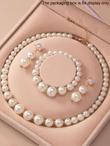Faux Pearl Decorated Jewelry Set, Elegant Necklace & Bracelet & Dangle Earrings, Fashion Jewelry for Party, Trendy All-match & Exquisite Jewelry for Birthday Gift