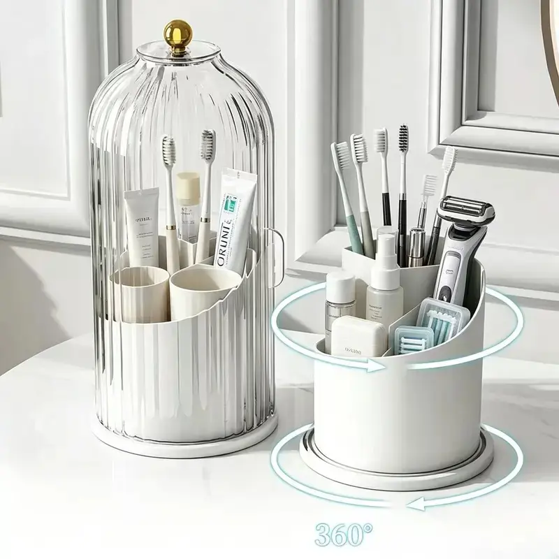Glam Plastic Dustproof Toothbrush Holder with Cover, 360-Rotating Combined 3-Slot Organizer for Electric Toothbrushes, Toothpaste & Makeup Brushes, Table Mount Bathroom Countertop/Vanity Storage