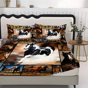 Fitted Sheet 3-Piece Set - 2D Flat Printed Multi-Color Horse Patchwork Pattern Mattress Covers, Available in Ten Sizes (1*Fitted Sheet + 2*Pillowcases, No Filler),  Skin-Friendly and Breathable Bedding, Suitable for Family Bedrooms.