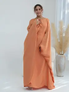 Women's Solid Color Round Neck Kaftan, Modest Fashion Long Sleeve Dress for Daily Wear, Women's Islamic Clothing for All Seasons, Muslim Women Gowns