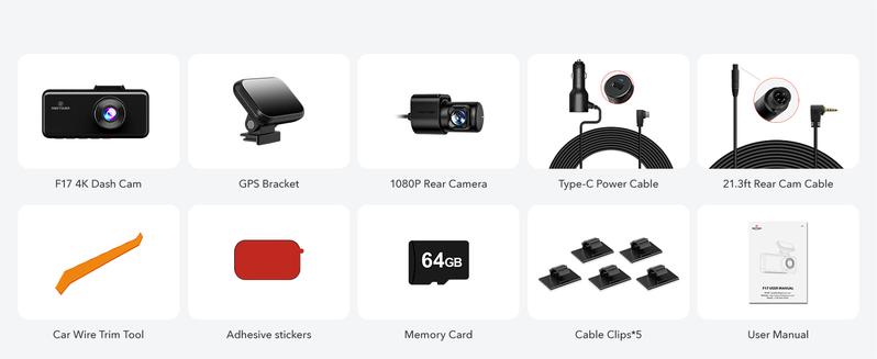 REDTIGER F17 4K 3-Channel Dash Cam with 5GHz WiFi GPS, 64GB Card, 2160P+1080P+1080P Cameras, IR Night Vision, Parking Mode, Fathers Day Gift