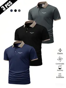 Men's Summer Classic Milano Print Short Sleeve Polo Shirt, Breathable Comfort Business Casual Golf Wear, Multi-Color Sportswear