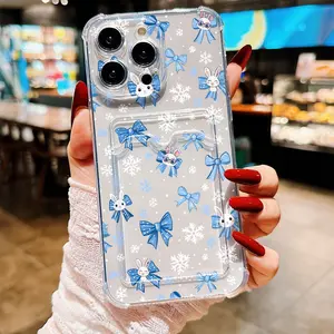 Transparent Card Holder Case, Blue Bow Design, Rabbit Pattern, Fits iPhone 15 Pro Max, 14 Pro, 13 Mini, Anti-Drop Phone Cover