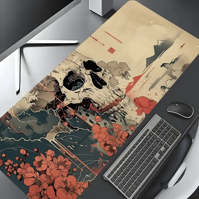 Japanese Ukiyo-e Skull Blossom Pattern Design Large Gaming Mouse Pad,Desktop Drotection Pad,Washable Rubber Pad Non-Slip Lock Edge Multi-Size Mouse Pad Suitable For Home Office,Desk Accessories,Desktop Accessory,Good Gift for Family and friends