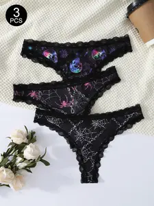 3Pcs Women's Hipster Lace Hollow Thong Bikini Set, Drop Waist Panties, Sexy Low-Waist Design, Random Skull Pattern, All-Season Wear, Fitted Style, Low Waist Panty