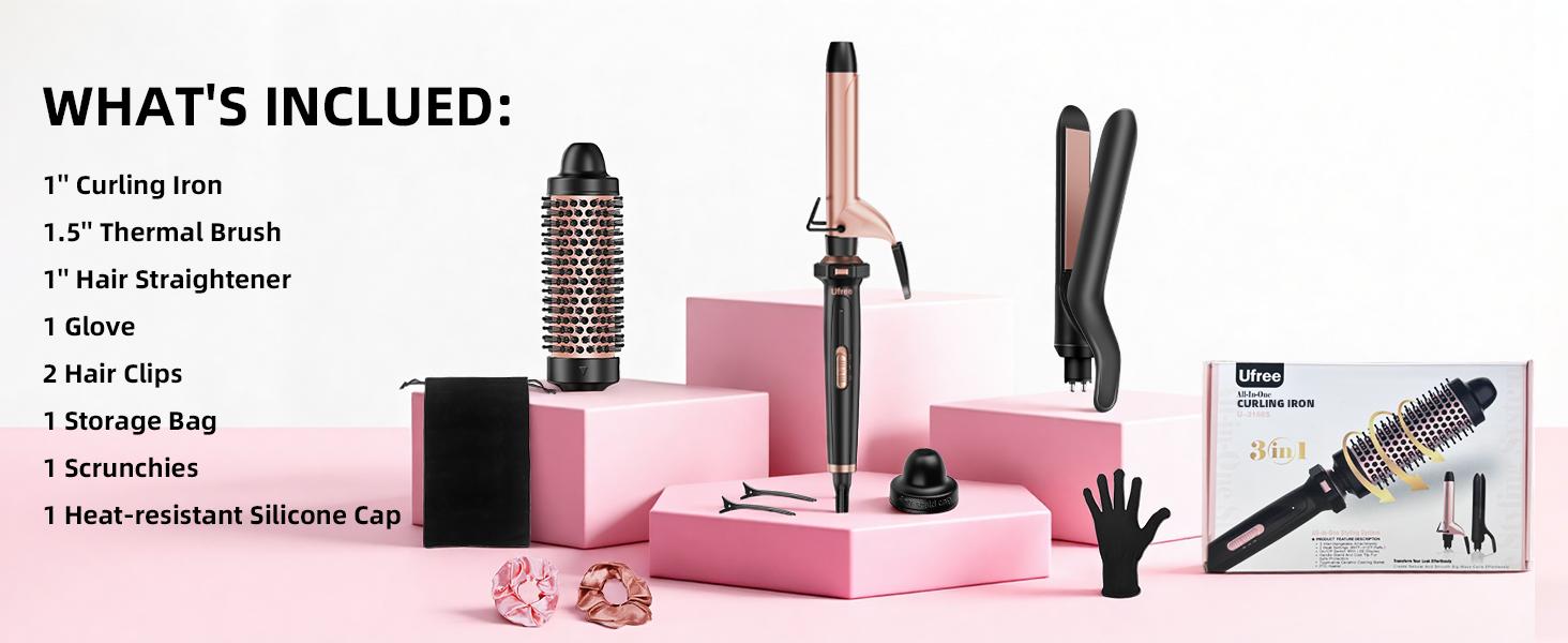3 in 1 Curling Iron, Curling Wand Set with 3 Interchangable Ceramic Beach Waves Wands, Dual Voltage 30s Fast Heating with Heat Resistant Glove & 2 Clip for Long/Short All Hairstyle
