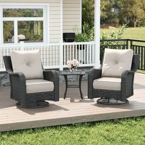 LayinSun 3-Piece Outdoor Wicker Swivel Rocking Chairs with Rattan Side Table, Patio Furniture Set with 6-inch Comfy Cushions for Garden, Backyard, Porch