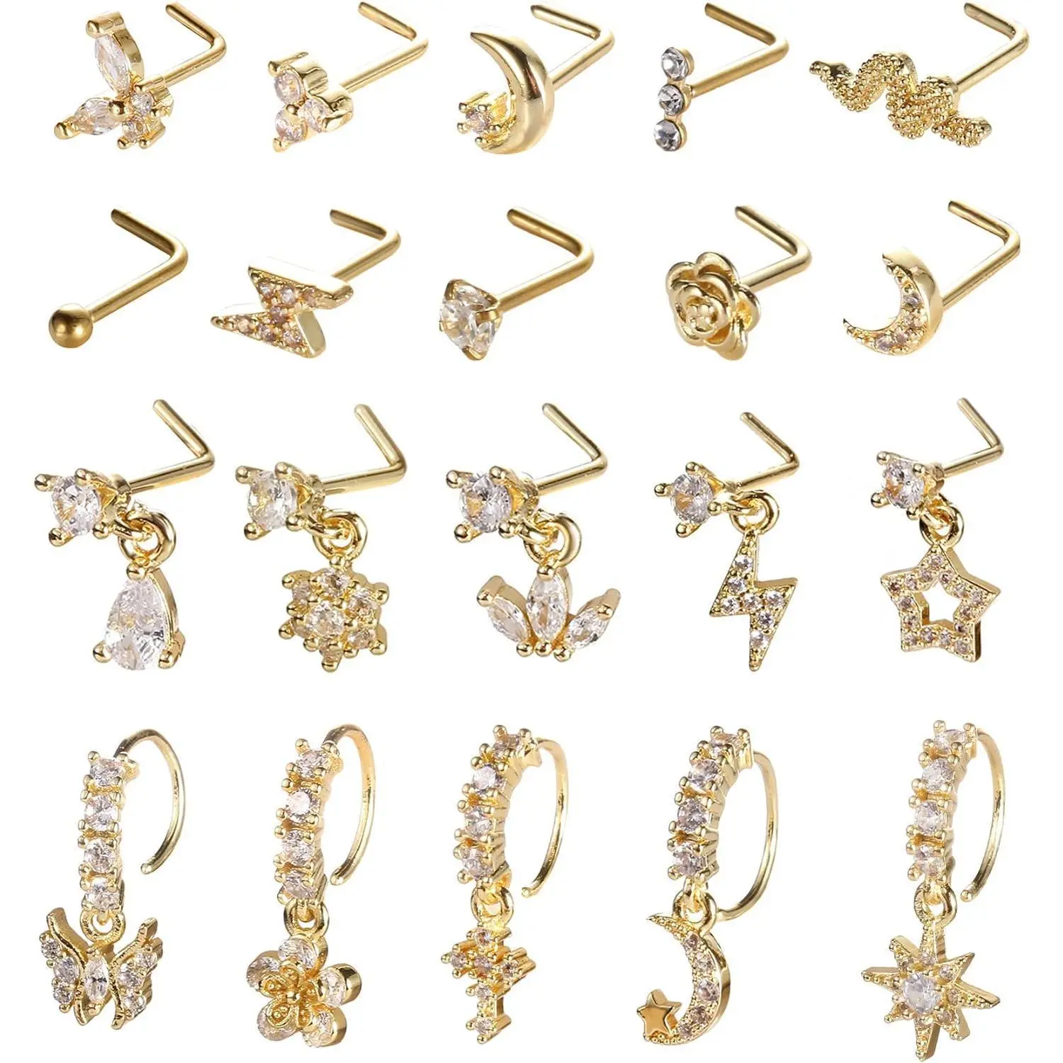 MILAKA 20-Piece Nose Jewelry Set for Women, Chic Graphic Studs & Dangle Rings, Gold & Silver Plated Stainless Steel, Lightweight Female Body Jewelry