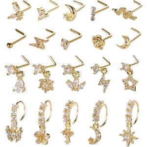 MILAKA 20Pcs 20G Nose Piercing Accessory Set - Geometric Star, Butterfly L-Shaped Rings, Flower CZ Studs, Gold-Plated Silver Dainty Jewelry for Women, Accessories For Women