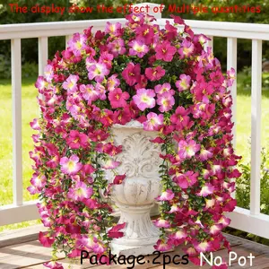 Artificial Fake Hanging Flowers Plants for Outdoor Spring Decoration,2 PCS Faux Silk Morning Glory with Eucalyptus Leaves,UV Resistant Realistic Trailing Vines for Balcony Porch Patio Yard Garden