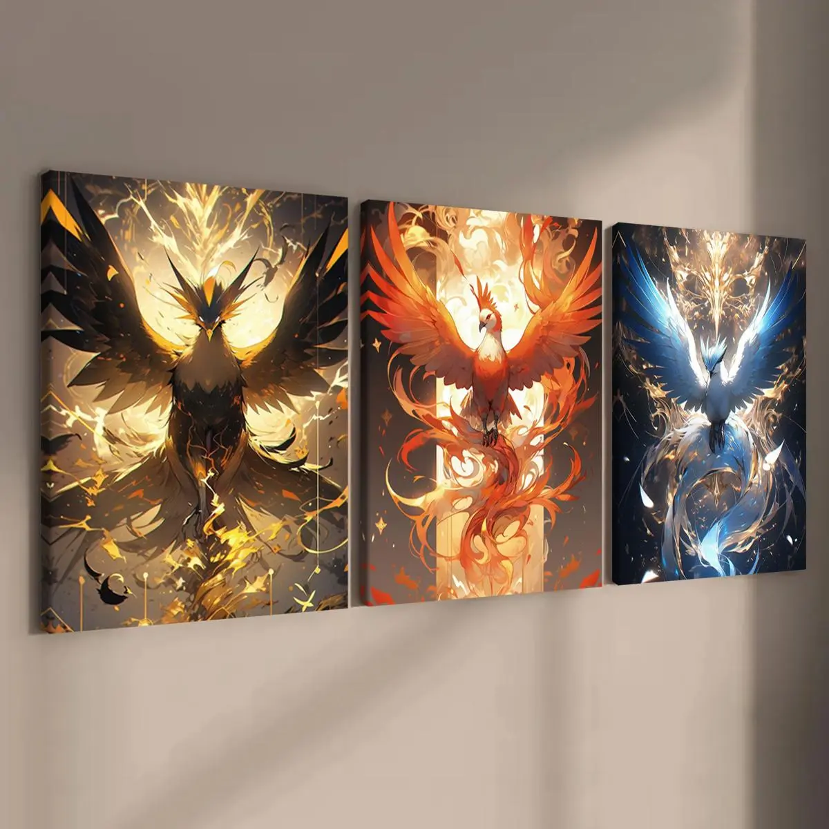 Cartoon Phoenix Pattern Canvas Painting with Frame, 3 Counts/set Modern Art Design Wall Art Painting, Wall Art Decor Modern Home Decoration for Home Living Room Bedroom Office