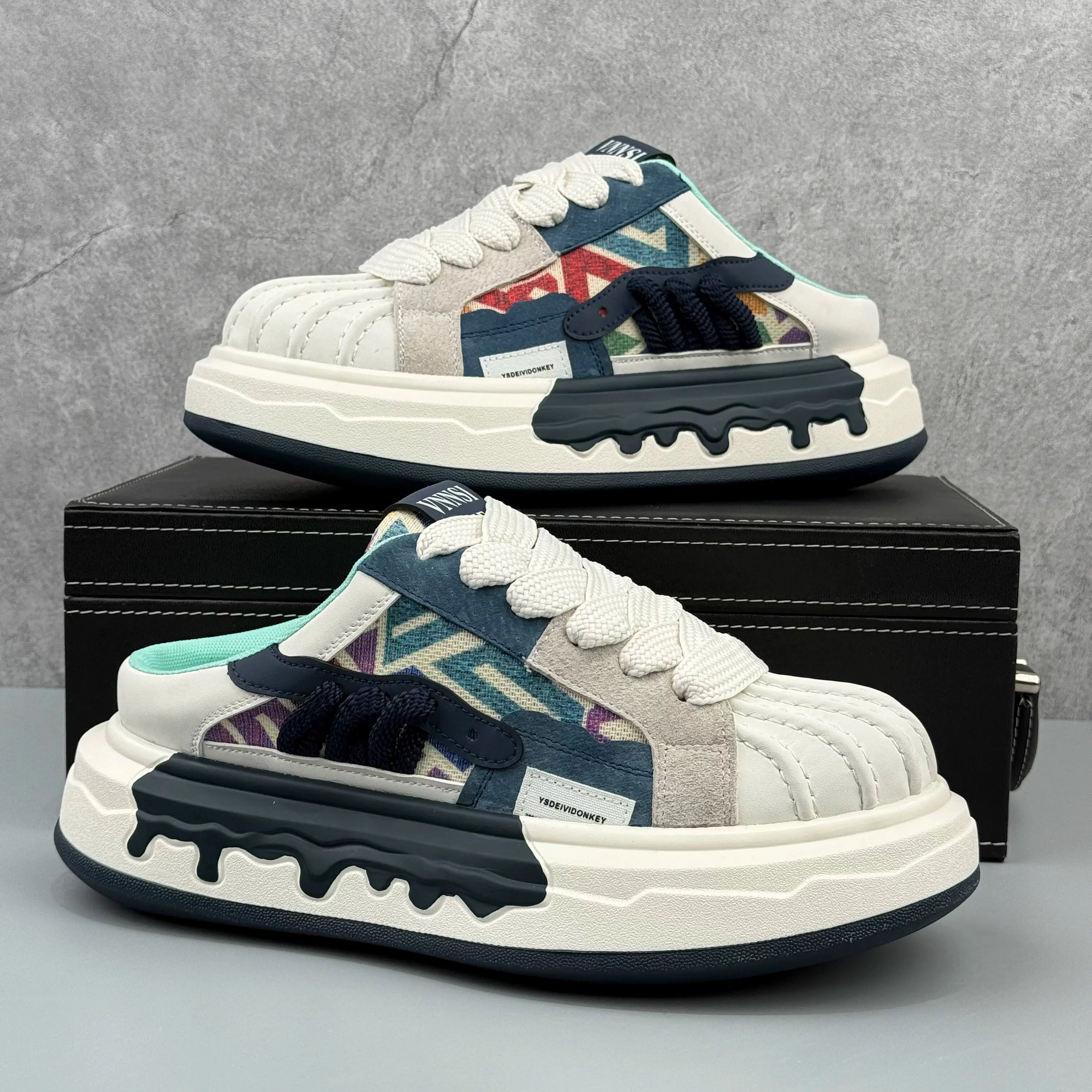 2026 Trendy Patchwork Platform Mule Sneakers for Men, Elevated Slip‑On Casual Half Shoes, Stylish Color‑Blocked Thick‑Sole Footwear for Daily Street Wear & Fashion Matching