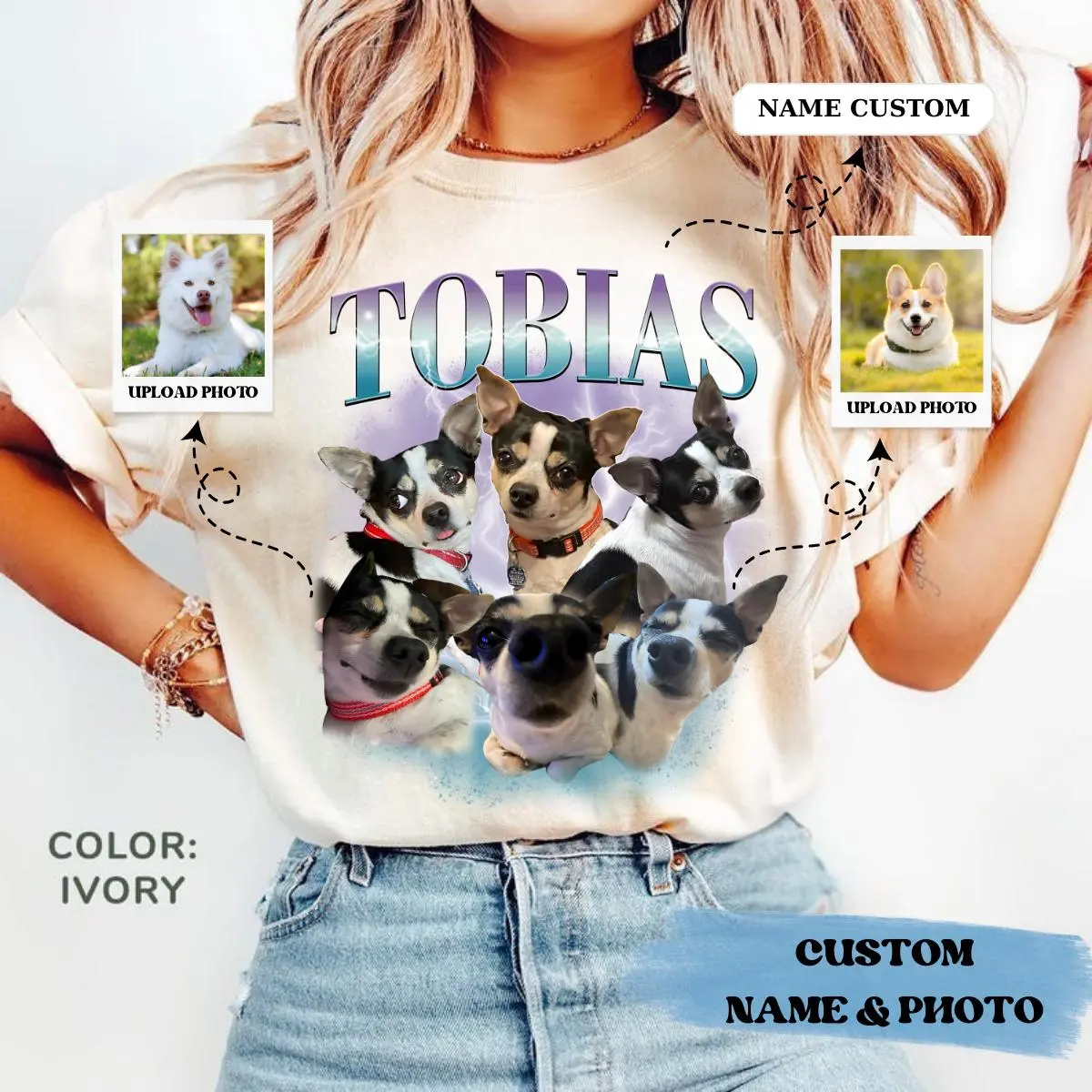 [CUSTOM Get 3 to 6 images] Comfort Colors Pet Bootleg T-shirt With Full Color, Retro Cat/Dog Graphic Tee, Gift For Your Lover, Pet Lover, Menswear, Womenswear