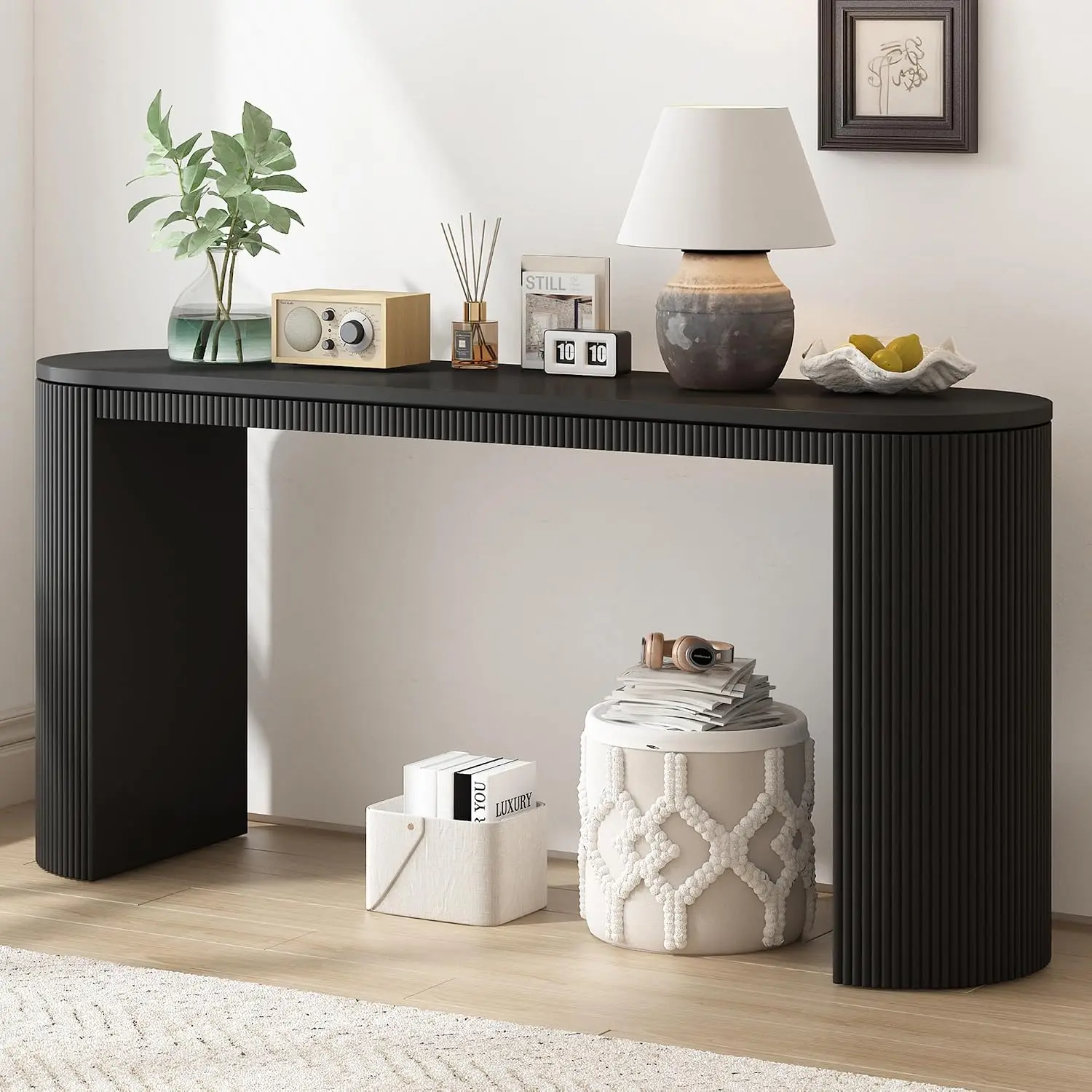 Modern Curved Fluted Console Table - 59.2-Inch Entryway Table for Living Room, Black Indoor Furniture