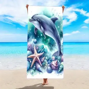 Holiday Gift - Dolphin & Seashell Beach Towel, Ultra-Soft Quick-Dry Microfiber, Vibrant Cartoon Print for Pool Travel