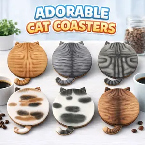 Trending Cat Coasters 6PCS – Adorable Kitty Non-Slip Heat Resistant Round Wood Drink Coasters for Home Bar Kitchen Coffee Table Bathroom – Rustic Farmhouse Table Protector Decor – Viral Gift for Cat Lover Him Her Mom Dad