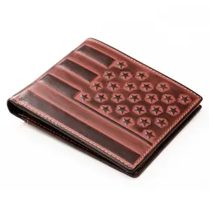 Top-Grain Leather RFID Blocking Brown/Black Flag Pattern Embossed Short Wallet with Card Slots, Vintage Western Cowboy, Retro