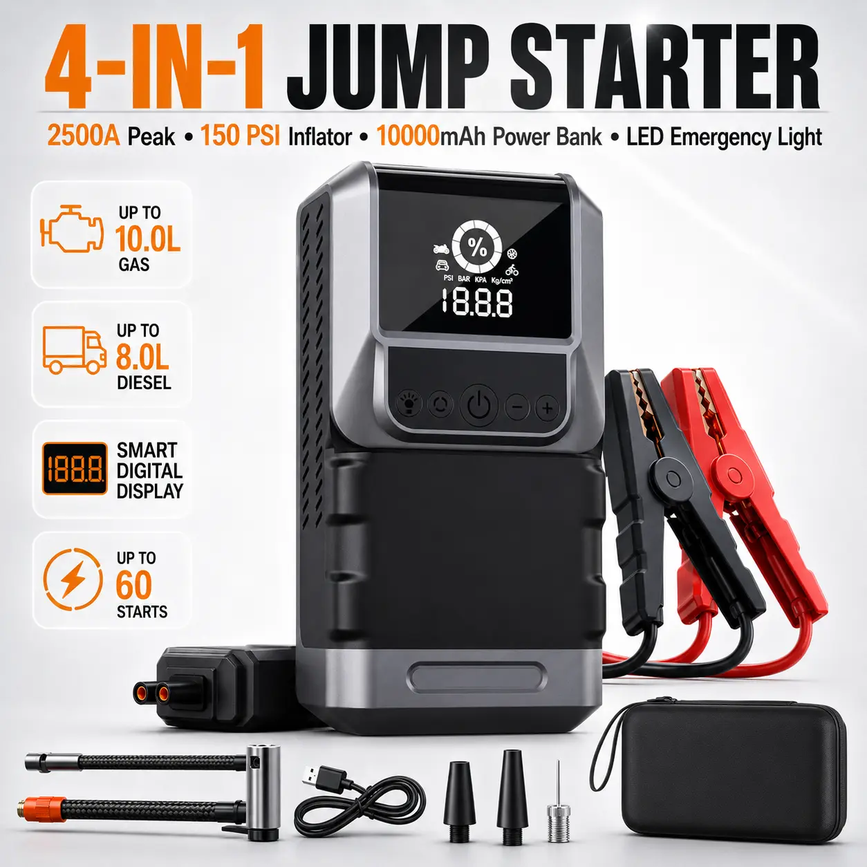 4-in-1 Car Emergency Tool - 2500A Peak Current 12V Battery Booster, 150PSI Smart Tire Inflator, 10000mAh Portable Power Bank, USB Port, LED Display, 400-Lumen Flashlight for Cars, SUVs, Plastic, Batteries, Automatic