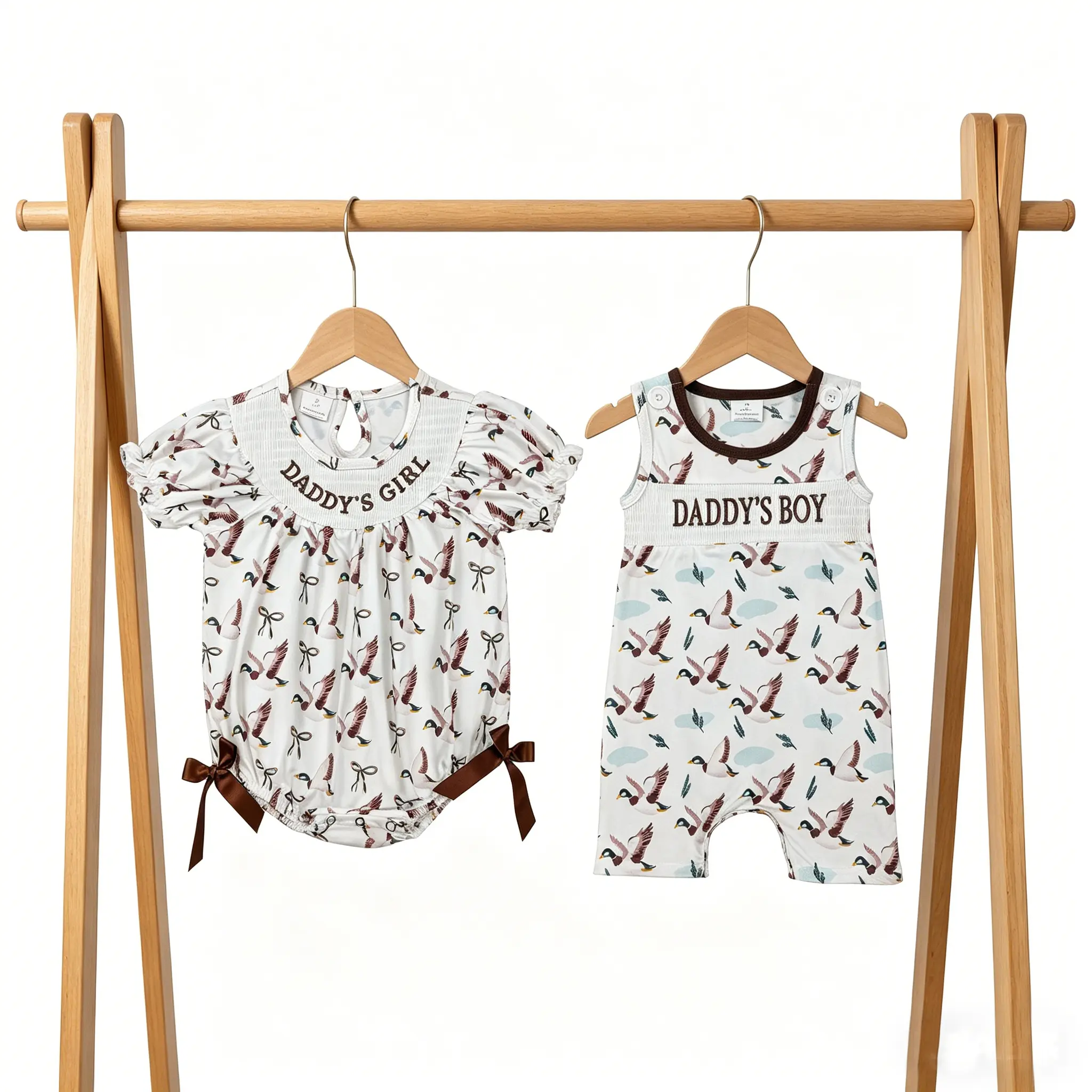 Baby Girls Daddy's Girl Smocked Embroidery Mallard Duck Bow Stretchy Matching Daddy's Boy Boys Rompers