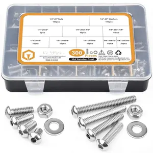 300 count 1/4-20 Hex Button  Cap Screw, 304 Stainless Steel UNC Hexagon  Flat Washers Nuts  Kit Machine Screws Set, 8 Sizes (Length from 3/8" to 2")