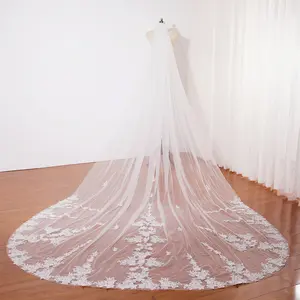 Cathedral wedding veil single layer, Ivory wedding veil with comb, Soft tulle veil, Floral lace bridal veil, Elegant chapel wedding veil, Sheer veil