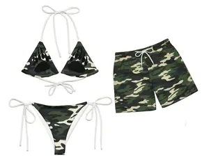 [Couple Beach Set] Summer Red Leopard Cross Couple Swimsuit Set – Gothic Style Bikini & Sports Mesh Shorts for the Beach Party, Honeymoon Gift, Family Vacation Outfit