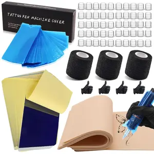 Tattoo Fake Skin Transfer Paper Kit Supplies - Complete 66pcs Include Tattoo Fake Skins with Transfer Paper Machine Pen Covers, Ink Cups, Grip Tapes Tattooing Tool Kit for Studio & Beginners